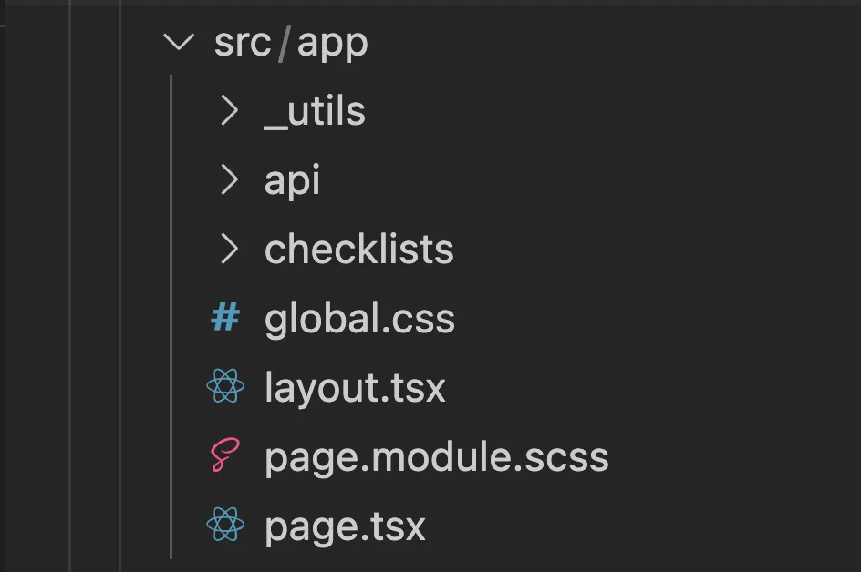 VS Code folders showing the app folder with a page inside