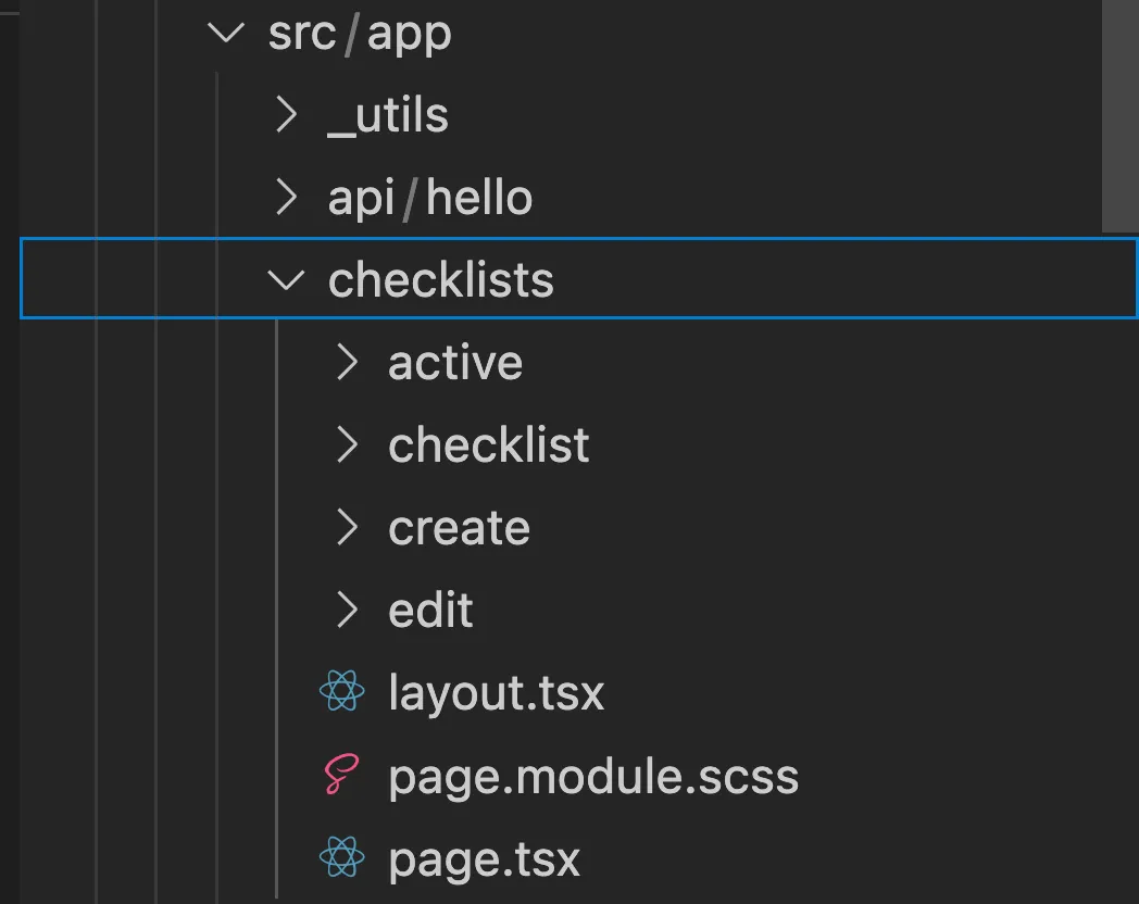 VS Code folders showing the app folder with a page inside